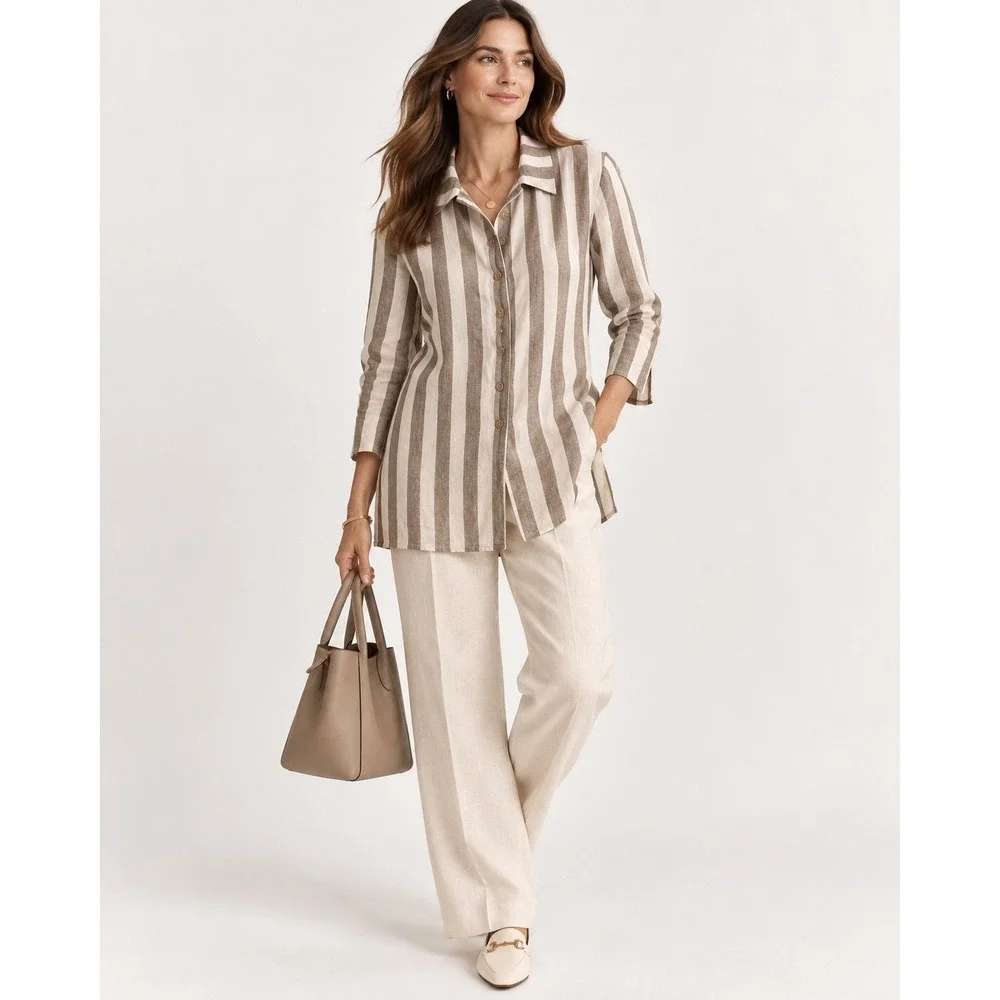 Vntg 90s Linen Blend Striped Button Shirt Tunic Granola Coastal Minimalist